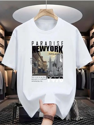 Unisex Paradise New York Baskılı Pamuklu Bisiklet Yaka Kısa Kollu %100 Pamuk Oversize A++ T-Shirt
