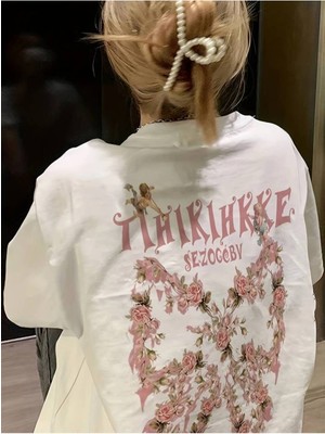 Shoprise Kadın Çiçekli Baskılı Oversize Kısa Kollu Beyaz Pinterest  T-Shirt