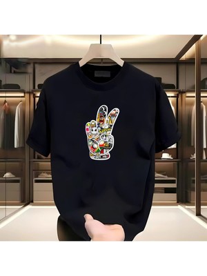 Renkli El Baskılı Siyah Tshirt
