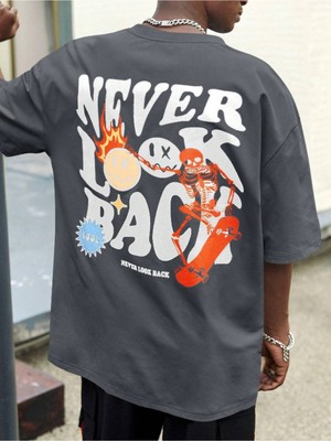 Unisex Never Look Back Baskılı Oversize T-Shirt