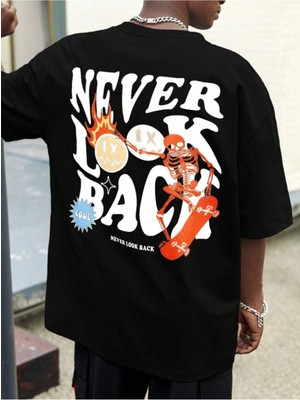 Unisex Never Look Back Baskılı Oversize T-Shirt