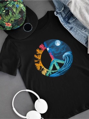Unisex Peace Symbol Baskılı Pamuklu Bisiklet Yaka Kısa Kollu %100 Pamuk Oversize A++ T-Shirt
