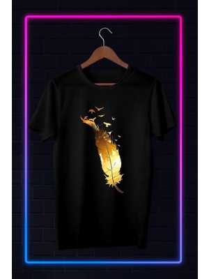 Siyah -Unisex -Feather And Bırd-Illustrasyon Çizim-