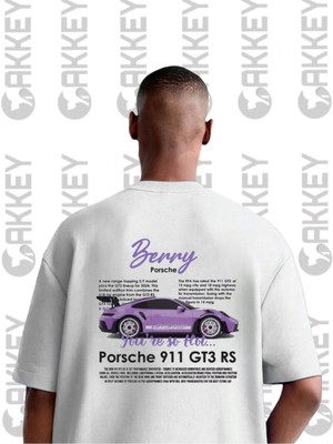 Unisex Porsche Berry Baskılı Oversize T-Shirt