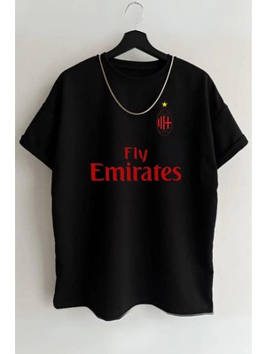 Unisex Milan Fly Emirates Yazılı Tasarım Oversize  %100 Pamuklu T-Shirt