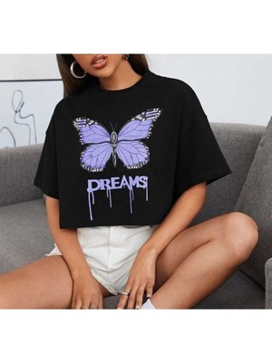 Yazılı ve Baskılı Oversize Pamuklu  Rahat Kalıp Crop Tshirt