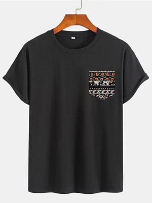 Etnik Desen Baskılı Pamuklu Bisiklet Yaka Kısa Kollu %100 Pamuk Oversize A++ T-Shirt