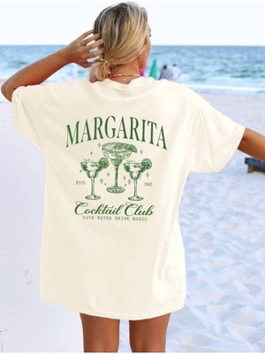 Kokteyl Baskılı Plajda Tatilde Dışarda Giymelik Rahat Oversize Kadın Tshirt