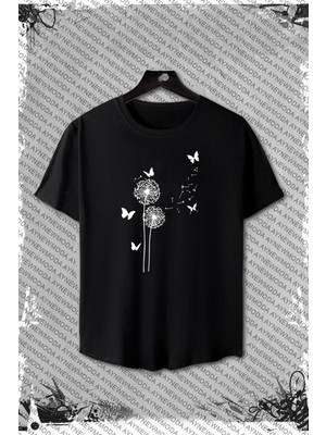 Kadın Oversize Kelebek Çiçek Baskılı Kısa Kollu Tişört
