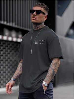 Unisex Faith Over Fear Baskılı Oversize T-Shirt