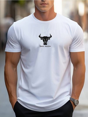 Bull Head Baskılı  Erkek Bisiklet Yaka Kısa Kollu Rahat Oversize Tshirt