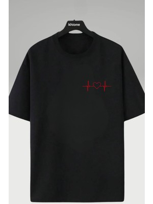 Unisex Tasarım Kalp Ritmi Baskılı %100 Pamuk T-Shirt