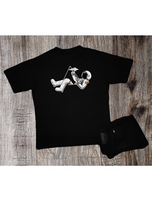 Unisex Astronot Uzay Desenli Oversize Siyah Tshirt