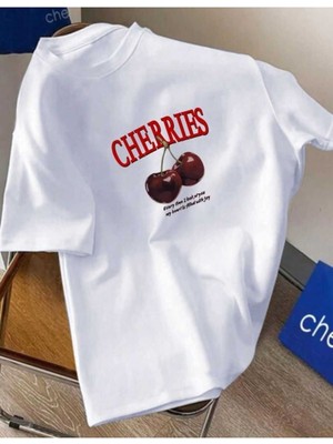 Shoprise Red Cherry Bomb Oversize Unisex Tshirt Kadın Günlük Stil Kısa Kol Örme Kumaş
