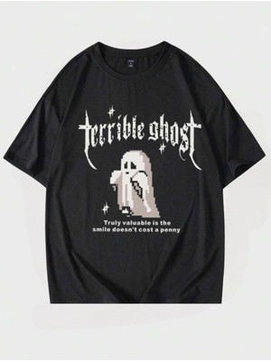 Unisex Terrible Ghost Baskılı Oversize T-Shirt