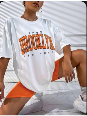 Unisex Yazlık Beyaz Brooklyn Turuncu Baskılı T-Shirt
