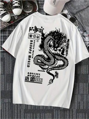 Büyük Beden Unisex Tokyo Ejder Baskılı %100 Pamuklu  Bisiklet Yaka Kısa Kollu A++ Oversize Tshirt