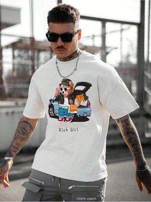 Erkek Baskılı Beyaz Bisiklet Yaka Oversize Teddy Salas T-Shirt