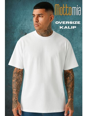 Beyaz Unisex Oversize Pamuklu Likralı Bisiklet Yaka Baskısız Tişört (T-Shirt)