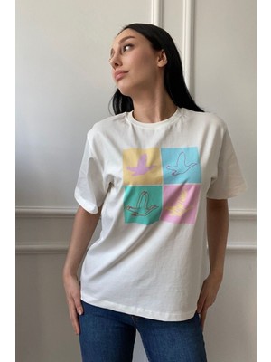 4 Kuşlu Baskılı Tişört