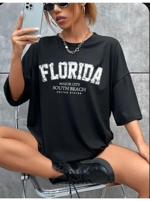 Unisex Yazlık Siyah Florıda Baskılı T-Shirt