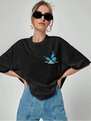 Shoprise Baskılı Oversize Tshirt Kadın Kısa Kol Günlük Tarz Siyah Renk Örme Kumaş Türkiye Menşeli