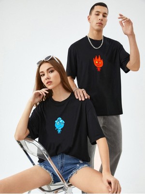 Siyah Unisex Ikili Ateş ve Su Baskılı Oversize T-Shirt