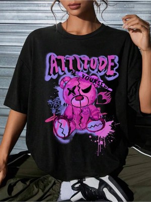 Unisex Tasarım Ayıcık Baskılı %100 Pamuk Bisiklet Yaka Oversize T-Shirt