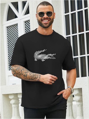 Erkek Bisiklet Yaka Rahat Oversize Timsah Çizgi Sanat Stili Grafik Baskı Tshirt