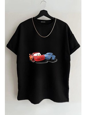 Unisex Şimşek Mcqueen ve Sally Tasarım Baskılı Oversize Kısa Kol %100 Pamuk T-Shirt