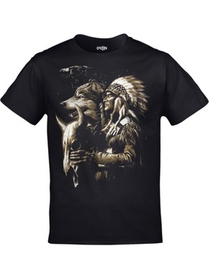 Unisex Siyah Kızılderili Şef ve Kurt Tshirt