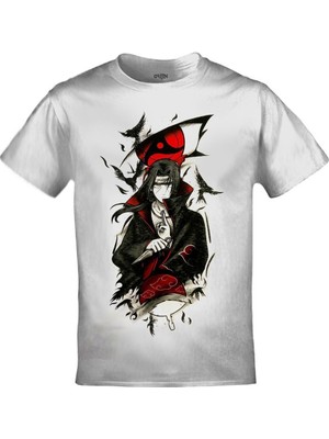 Naruto Akatsuki Itachi Uchiha Crows Baskılı Unisex Beyaz Tshirt