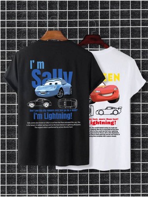 Kadın Erkek Unisex Sally & Mcqueen Cars Sevgili Çift Kombini Oversize Renkli Tshirt 2'li Takım