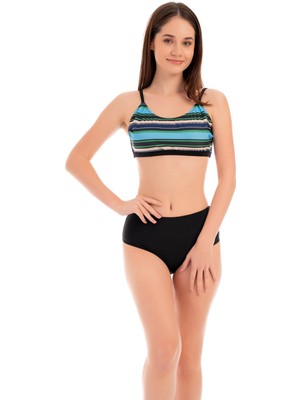 Rukomayo Siyah Çizgi Desenli Omuzdan Askılı Freeset Model Yüksek Bel Lycra Kumaş Bikini