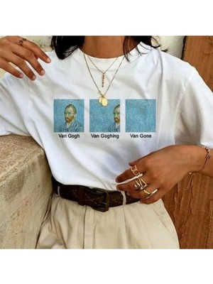 Shoprise Kadın Oversize Tişört – Yazlık Basic – %100 Pamuk Penye Beyaz – Kısa Kol Van Gogh Baskılı