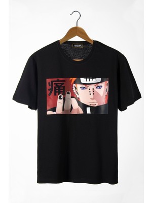 Unisex Siyah Önü Anime Baskılı Oversize Pamuklu T-Shirt