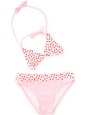 Rukomayo Pembe Kalp Desenli Boyundan Bağlamalı Üçgen Çocuk Bikini