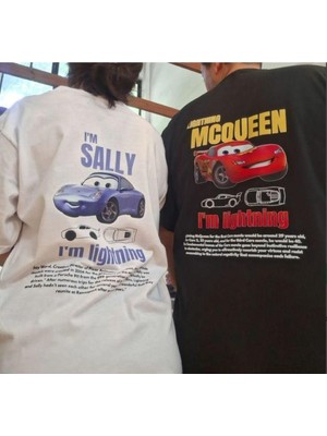 Shoprise Mcqueen ve Sally Baskılı Kadın Çift TShirtleri Günlük Kullanım İçin Kısa Kol Siyah Beyaz