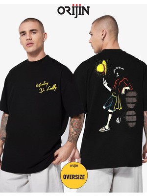 One Piece Luffy Anime Ön Arka Baskılı Unisex Oversize Siyah Tshirt