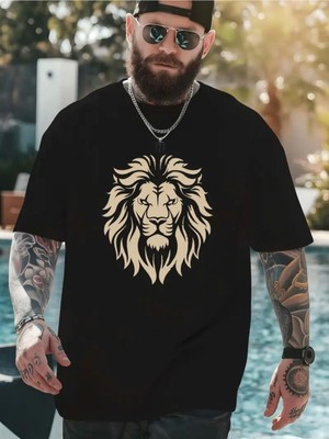 Woodroffe Erkek Tarz Gold Aslan Baskılı T-Shirt Oversize Salaş Boyfirend