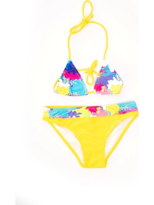 Rukomayo Sarı Desenli Boyundan Bağlamalı Üçgen Çocuk Bikini