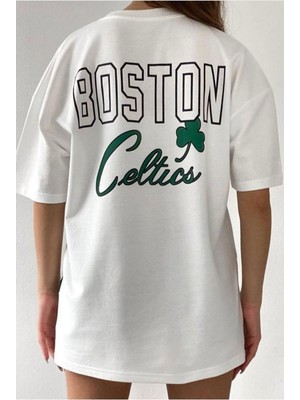 Unisex Beyaz Boston Ön Arka Baskılı Oversize T-Shirt