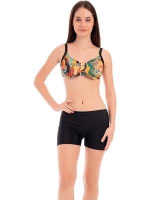 Rukomayo Siyah Çiçek Desenli Omzudan Ayar Askılı Toparlayıcı Model Balenli Lycra Kumaş Şortlu Bikini