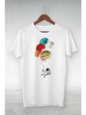 Unisex Beyaz Balloon And Astronot From The Planet Illustrasyon Tshırt