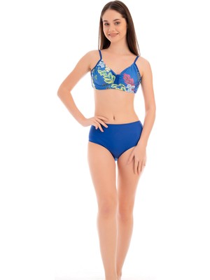 Rukomayo Mavi Yaprak  Desenli Omzudan Ayar Askılı Toparlayıcı Model Balenli Lycra Kumaş  Bikini