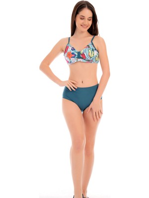 Rukomayo Petrol Rengi Çiçek  Desenli Omzudan Ayar Askılı Toparlayıcı Model Balenli Lycra Kumaş  Bikini