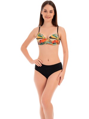 Rukomayo Siyah Desenli Büstiyer Modeli Balenli Kaplı Lycra Kumaş Bikini