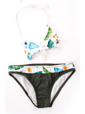 Rukomayo Yeşil Desenli Boyundan Bağlamalı Üçgen  Çocuk Bikini
