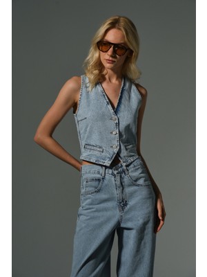 %100 Pamuk Gabardin Düğmeli Kadın Yelek @sassari