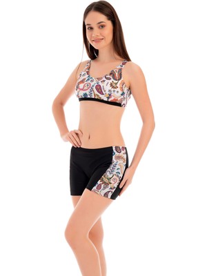 Ruko Mayo Rukomayo Siyah Çiçek Desenli Omuzdan Askılı Freeset Model Şortlu Lycra Kumaş Bikini